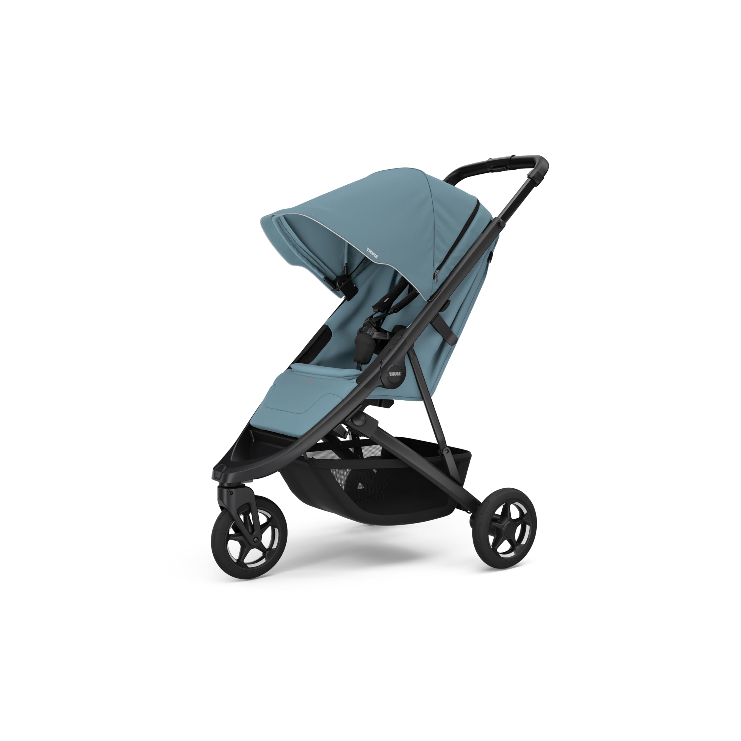 Thule Spring 2 single child stroller with ventilated canopy, adjustable handlebar, lightweight design, and compact fold for easy storage.