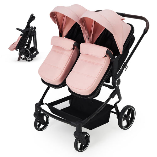 Pink tandem stroller for newborn and toddler with adjustable recline, canopy, lightweight fold, and parent cup holders.