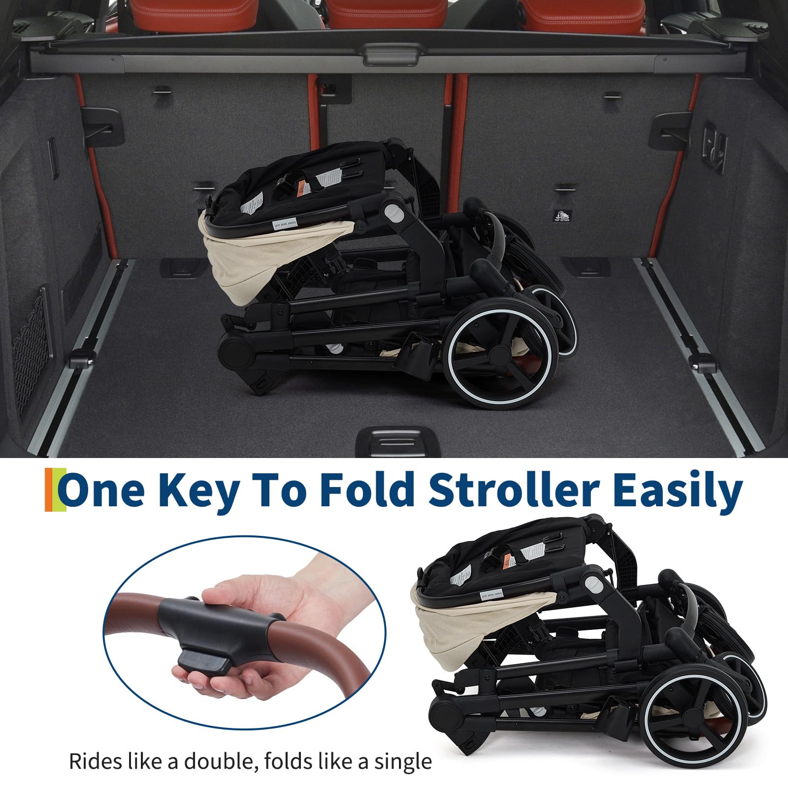My Store double tandem stroller with foldable design, reversible seats, adjustable backrests, canopy, safety harness, and storage basket
