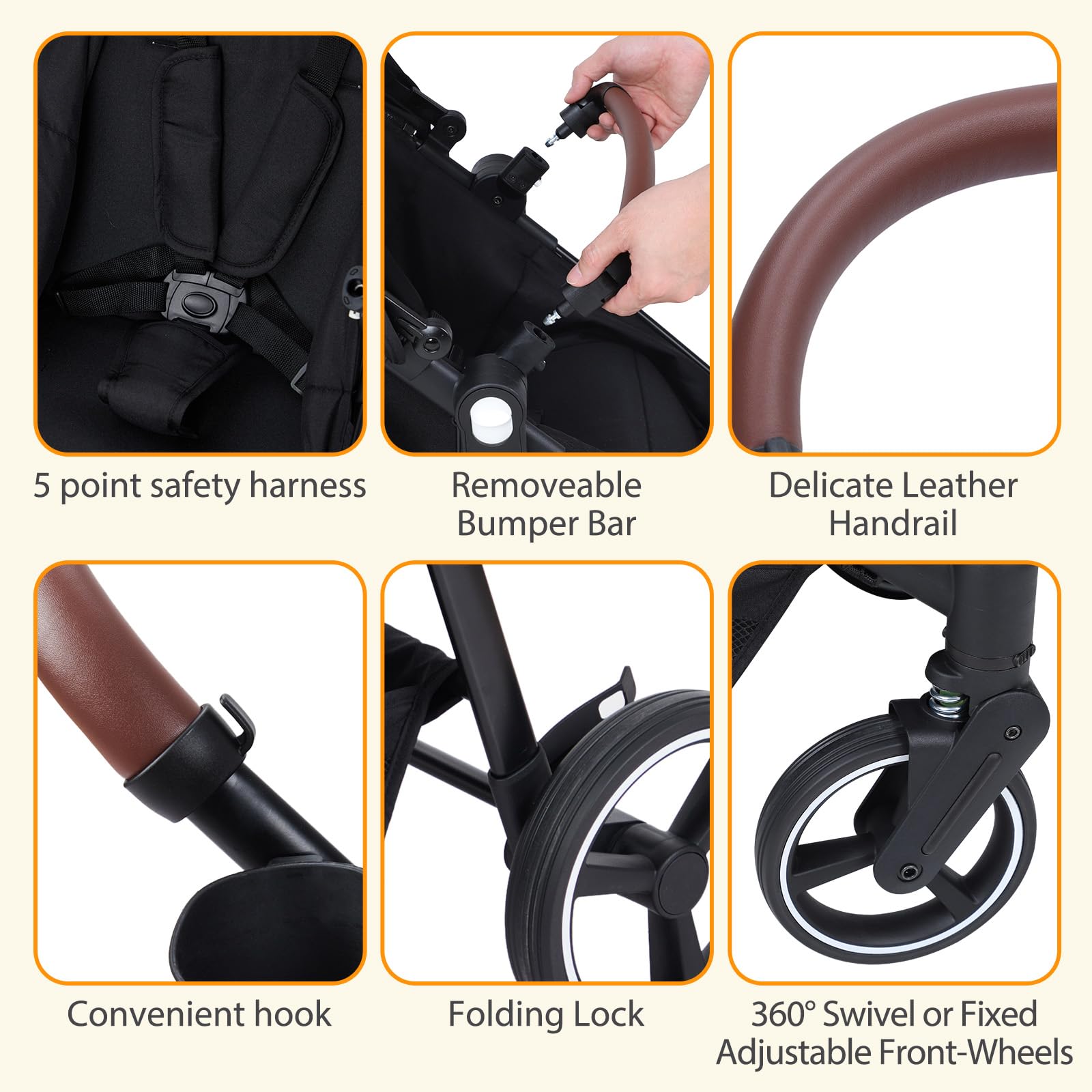 Double tandem stroller for newborn and toddler with reversible seats, safety harness, adjustable backrests, canopy, and storage basket.