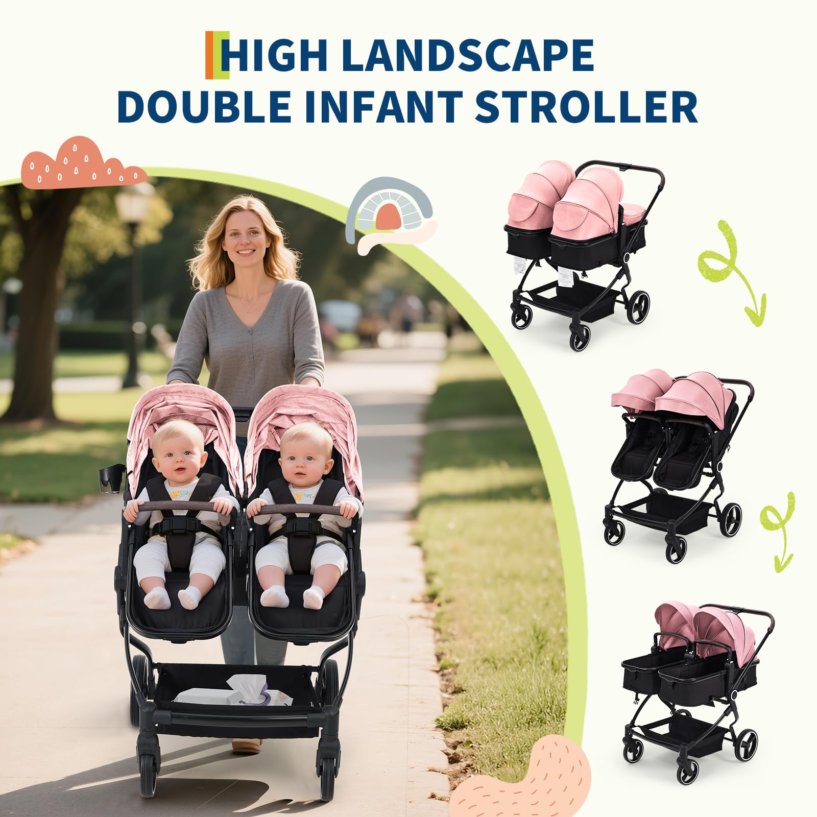 Pink double stroller for newborn and toddler with adjustable recline, canopy, and parent cup holders, ideal for twins and older kids.