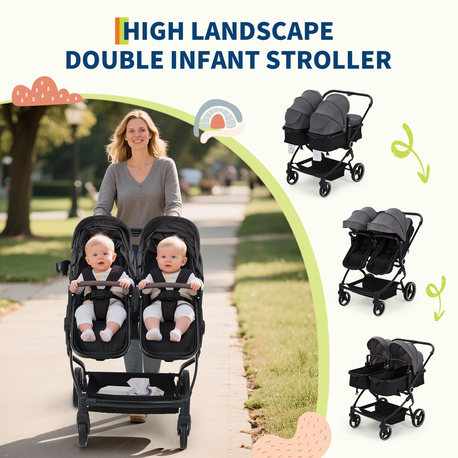 Pink double stroller for newborn and toddler, lightweight tandem with adjustable recline, canopy, parent cup holders, suitable for twins.