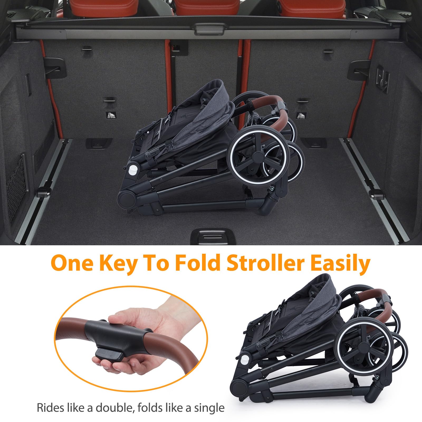 My Store double tandem stroller for newborn and toddler with foldable design, reversible seats, safety harness, adjustable backrest, and canopy.