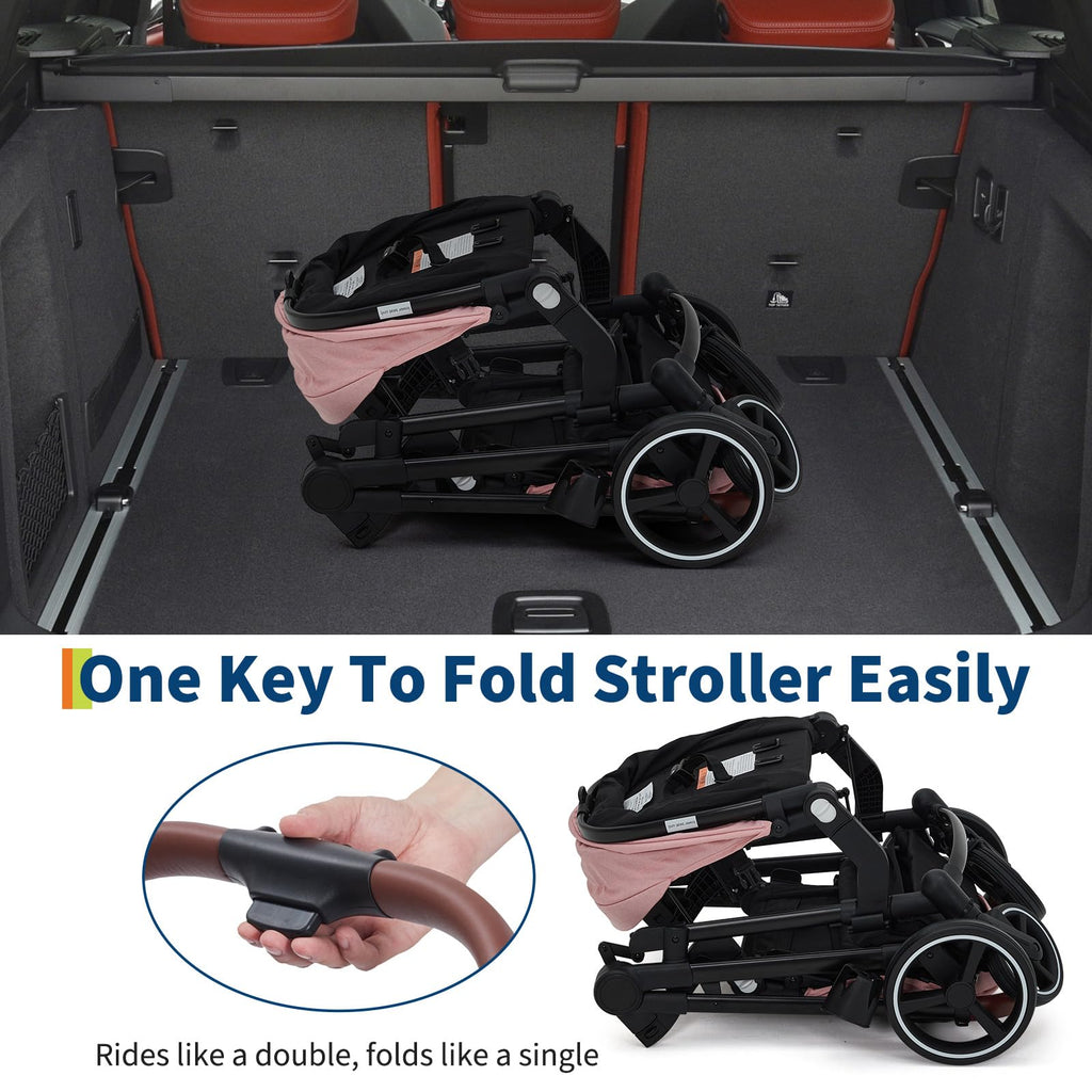 Double tandem stroller for newborn and toddler by My Store with foldable design, reversible seats, safety harness, adjustable backrest, and canopy