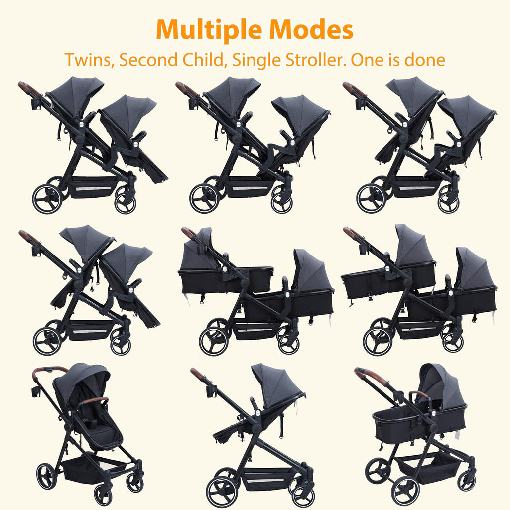 My Store double tandem stroller for newborn and toddler with foldable design, reversible seats, adjustable backrests, and canopy.