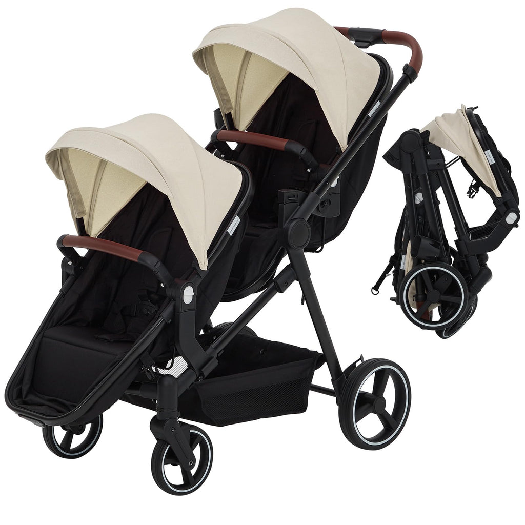 Double tandem stroller for newborn and toddler by My Store, foldable twin pushchair with reversible seats and adjustable canopies.