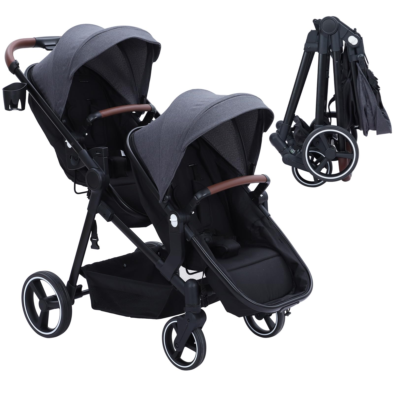Double tandem stroller for newborn and toddler by My Store, foldable twin pushchair with reversible seats and adjustable canopies.