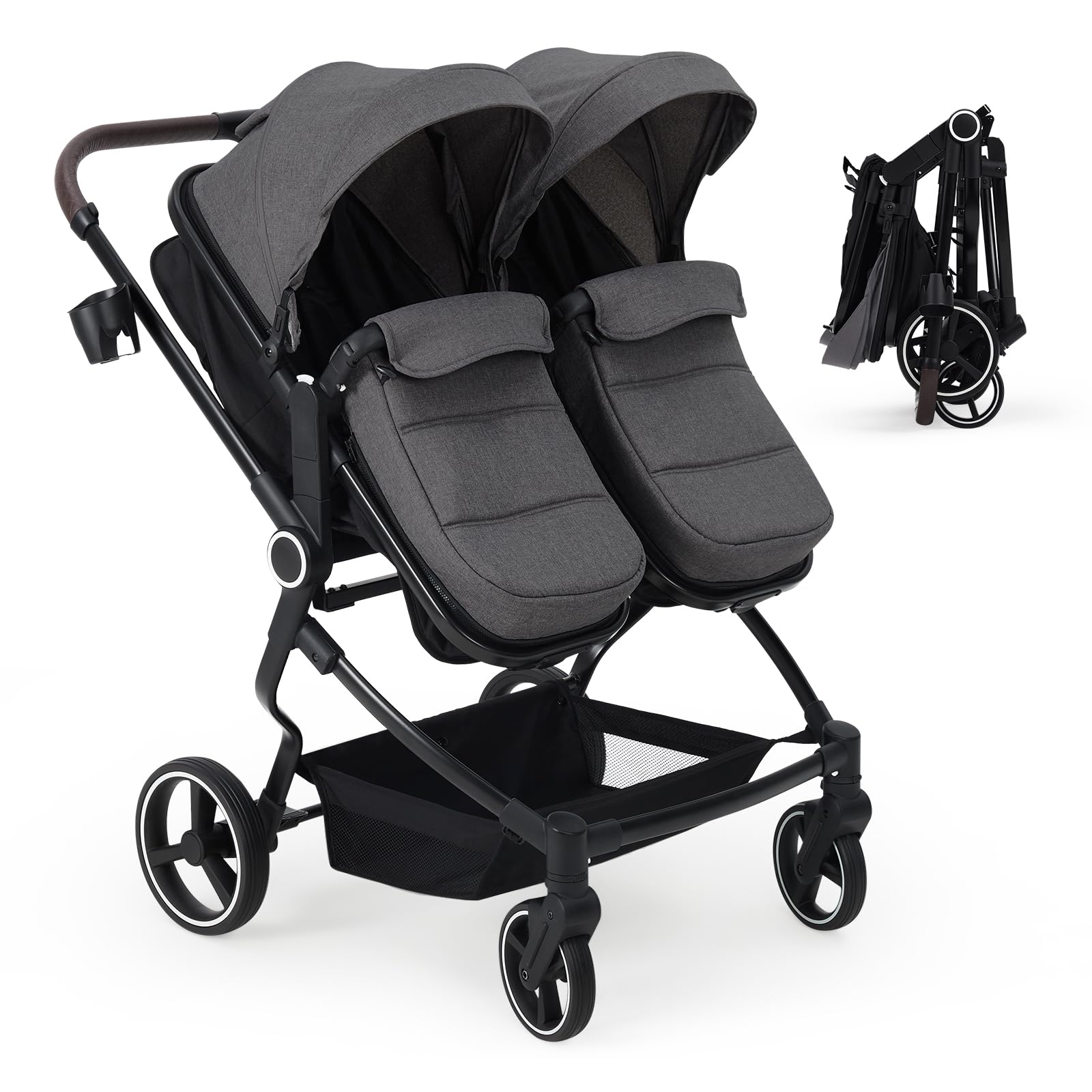 Pink double stroller for newborn and toddler, lightweight tandem design with adjustable recline, canopy, and parent cup holders.