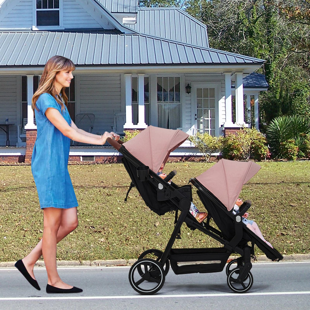 Double tandem stroller for newborn and toddler by My Store, foldable twin pushchair with reversible seats, safety harness, and canopy.