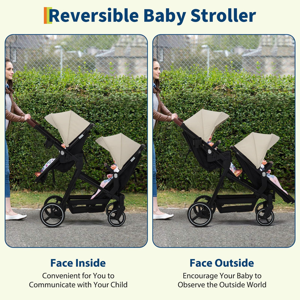 My Store double tandem stroller with reversible seats, adjustable backrests, canopy, 5-point harness, and storage basket.