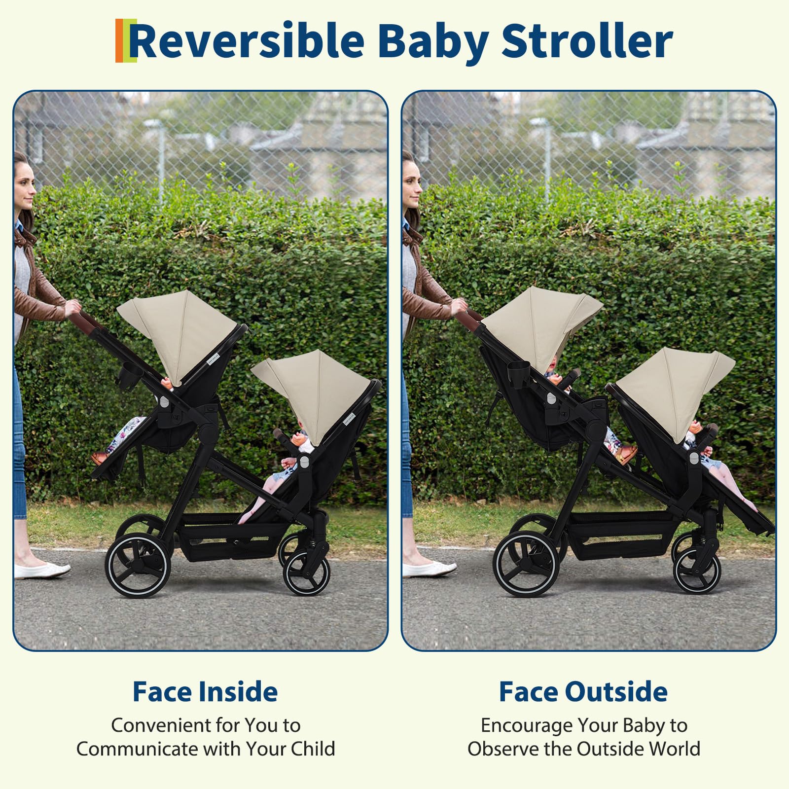 My Store double tandem stroller with reversible seats, adjustable backrests, canopy, 5-point harness, and storage basket.