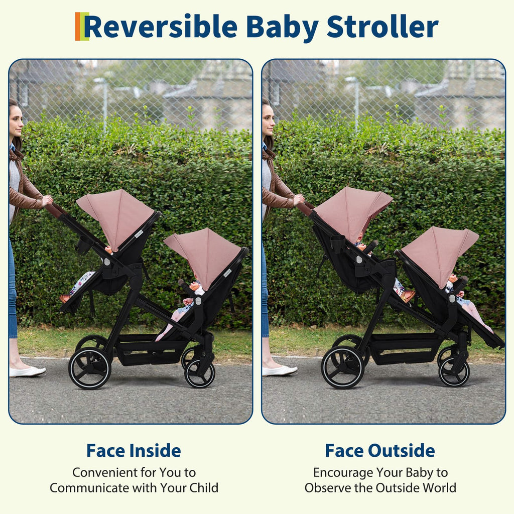Double tandem stroller for newborn and toddler, foldable twin pushchair with reversible seats, safety harness, adjustable backrests, canopy.